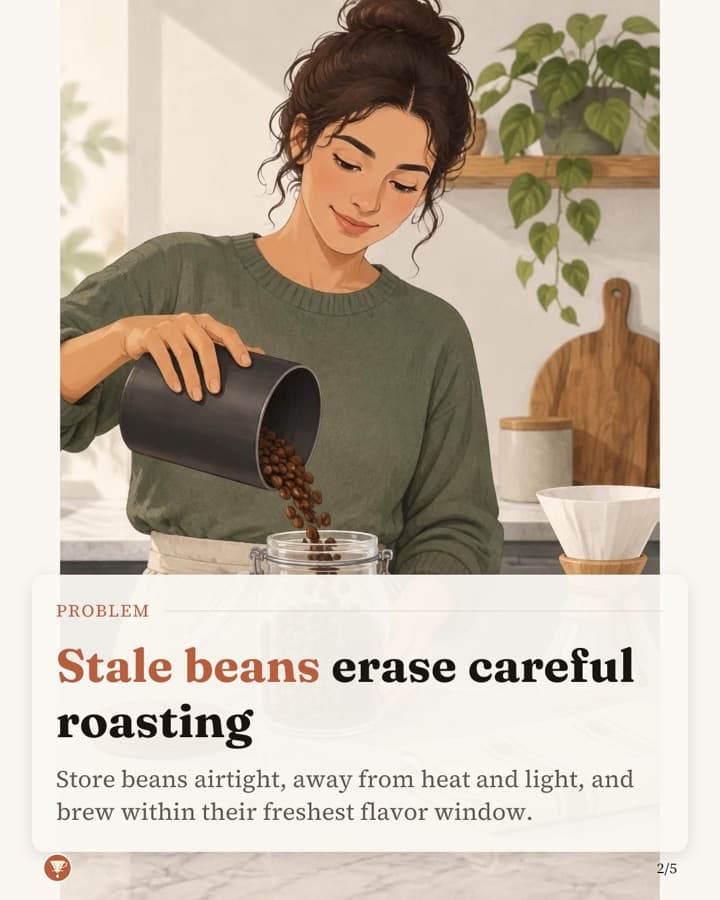 Slide 2 of 5: Stale beans erase careful roasting